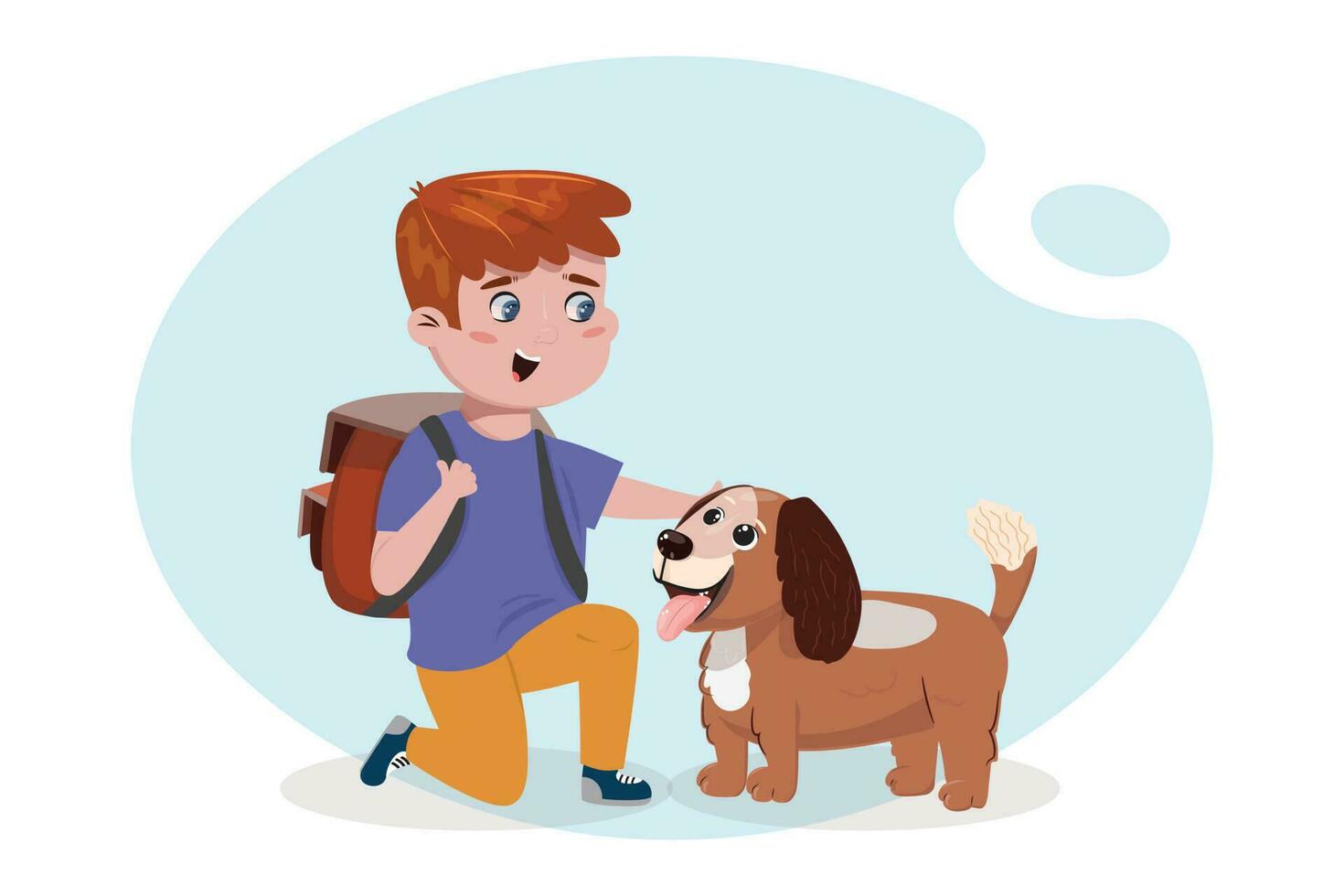 vlak tekenfilm illustratie met een school- jongen strelen de hond. huis, school, jeugd, liefde, zorg, vriendschap, hebben een huisdier concept illustratie. vector