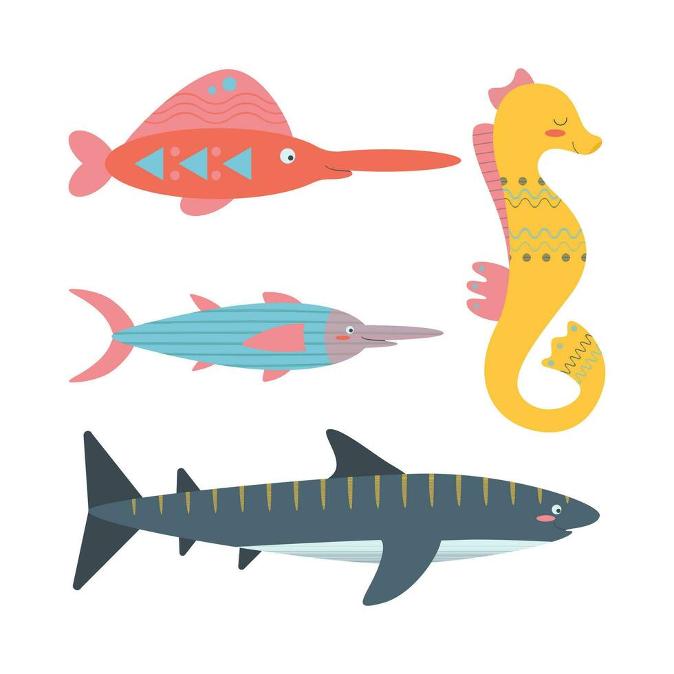 reeks van marinier elementen zwaardvis, haai, zeepaardje in vlak tekenfilm stijl. vector
