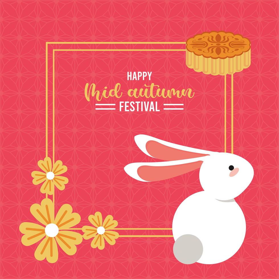 gelukkige medio herfst belettering kaart met konijn en bloemen vierkant frame vector