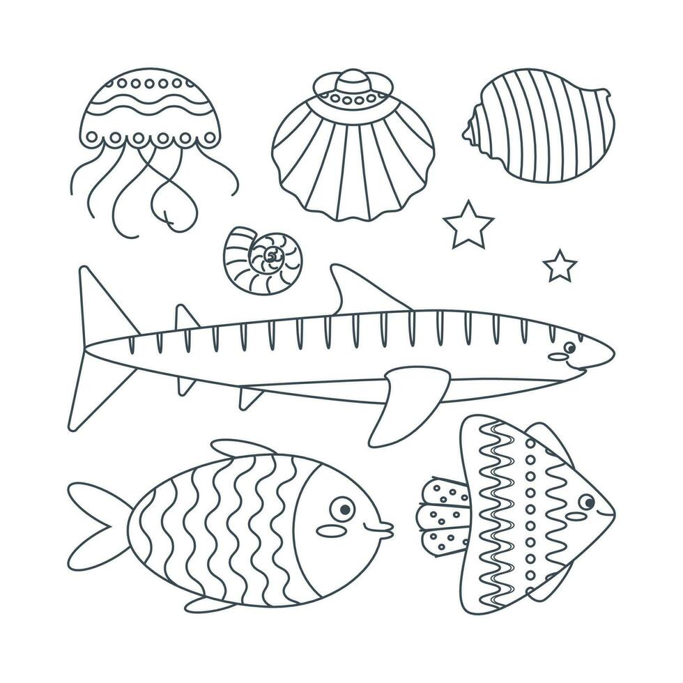 reeks van zee elementen vis, kwallen, haai, schelpen in vlak tekenfilm stijl. lijn kunst. vector