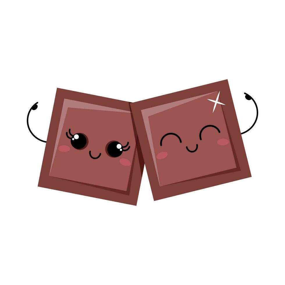 twee kawaii stukken van melk chocola knuffelen voor wereld chocola dag vector