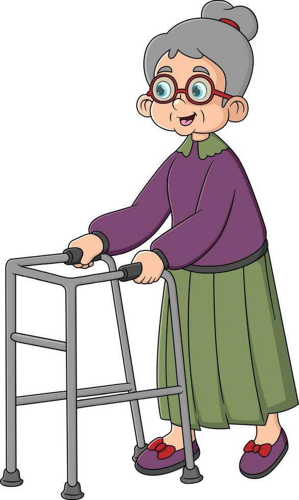 oud vrouw wandelen met zimmer kader. clip art beeld geïsoleerd Aan wit achtergrond vector