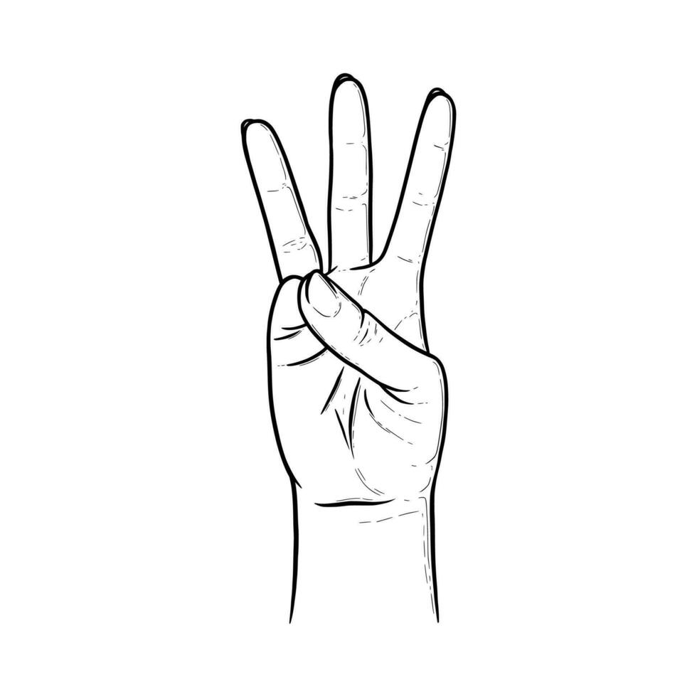 drie verheven vingers. vingers tonen aantal drie naar uitdrukken de hoeveelheid. vector illustratie geïsoleerd in wit achtergrond