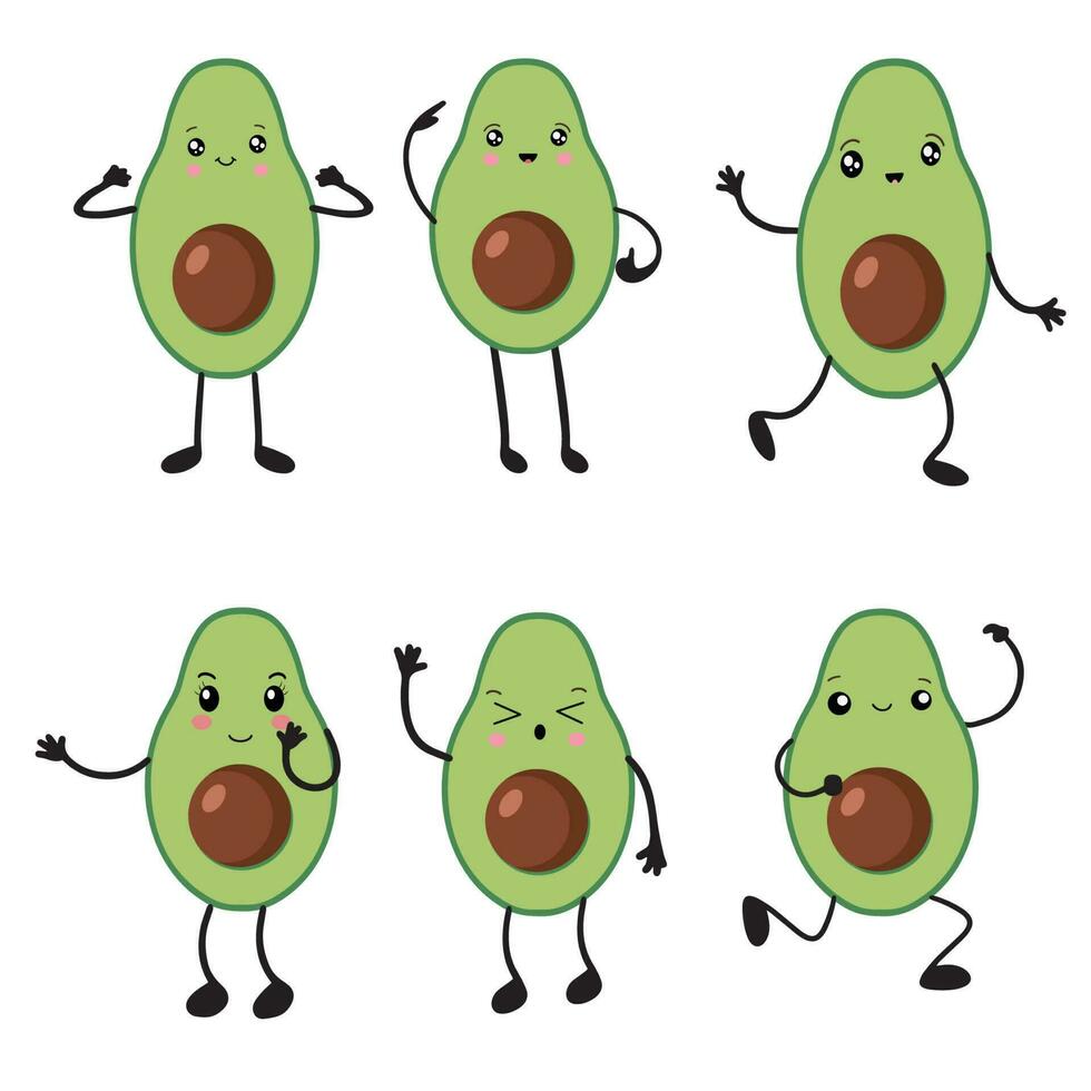 een reeks van avocado's in de stijl van kawaii. avocado fruit in een vlak ontwerp. vector