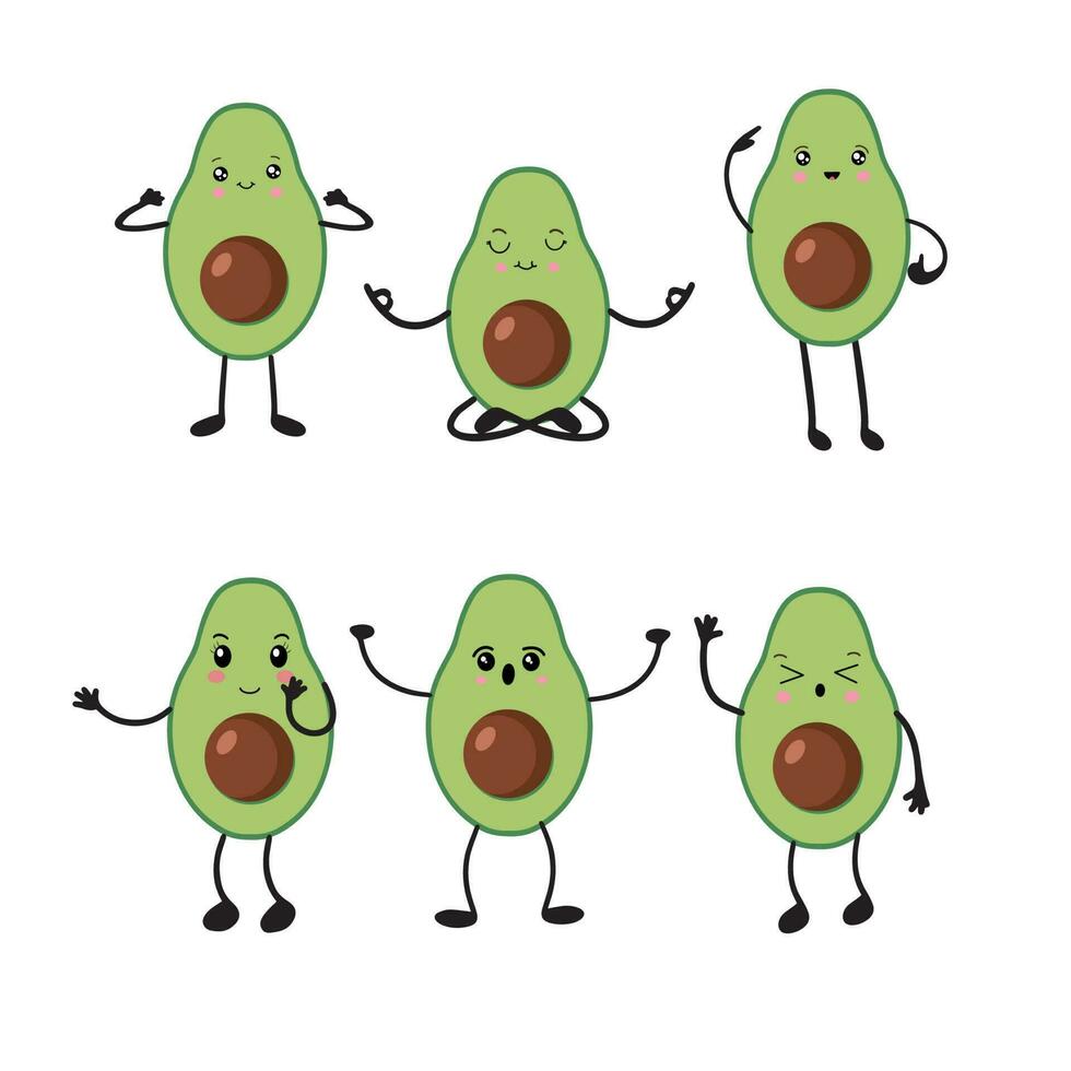 een reeks van avocado's in de stijl van kawaii. avocado fruit in een vlak ontwerp. vector