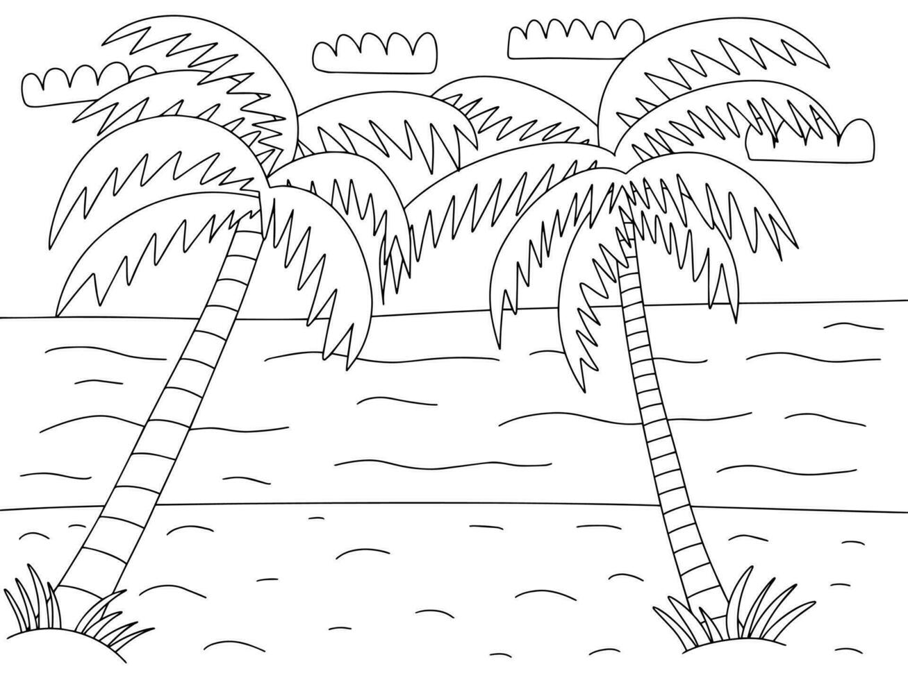 vector strand landschap met zee en palmen kleur bladzijde. hand- getrokken kleuren bladzijde met zomer zand strand