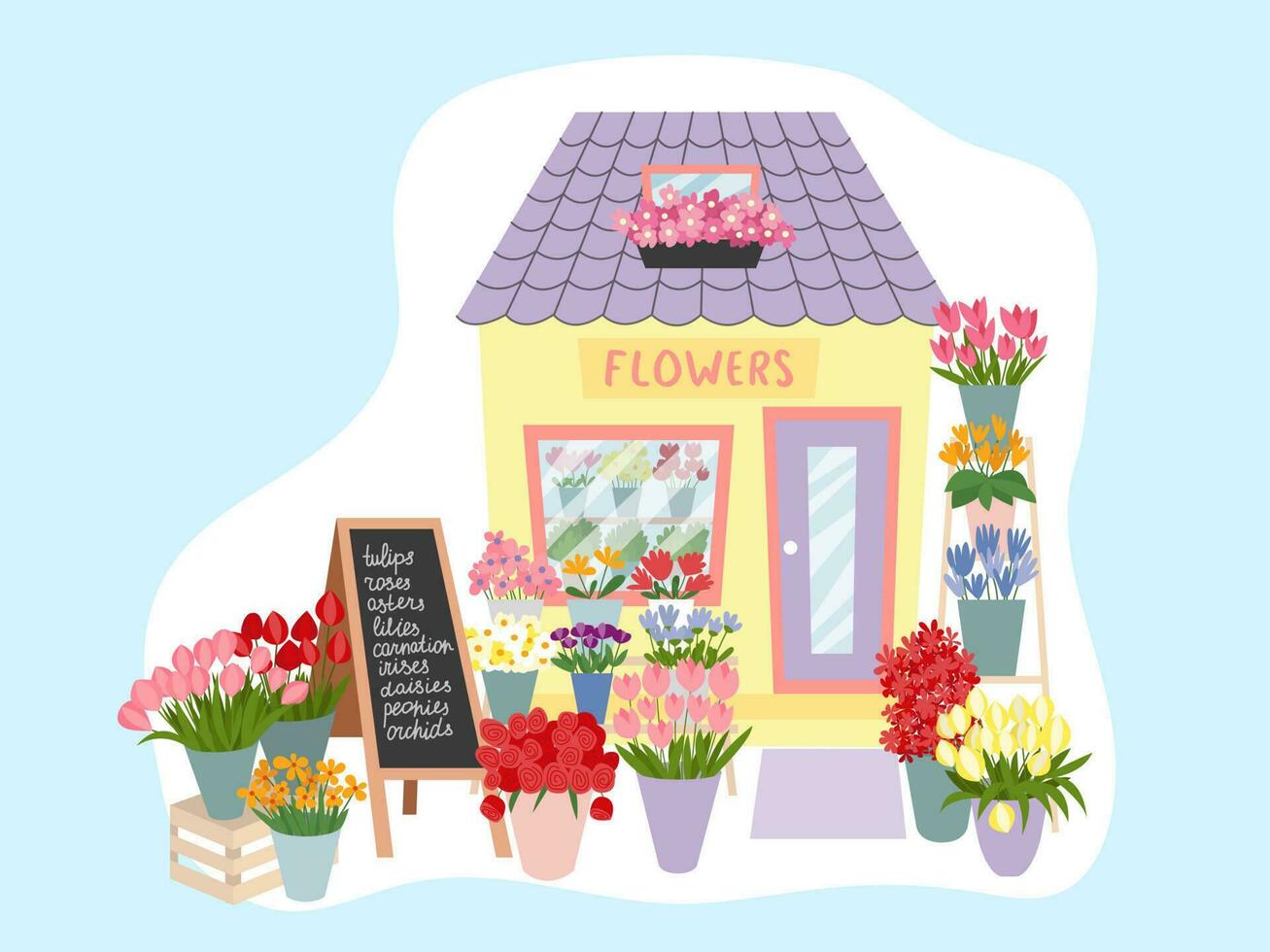 bloemen markt facade interieur illustratie. vlak stijl bloem winkel versierd met planten en bloemen vector illustratie.