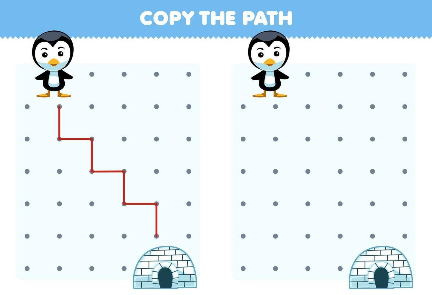 onderwijs spel voor kinderen kopiëren de pad helpen pinguïn Actie naar de iglo afdrukbare winter werkblad vector