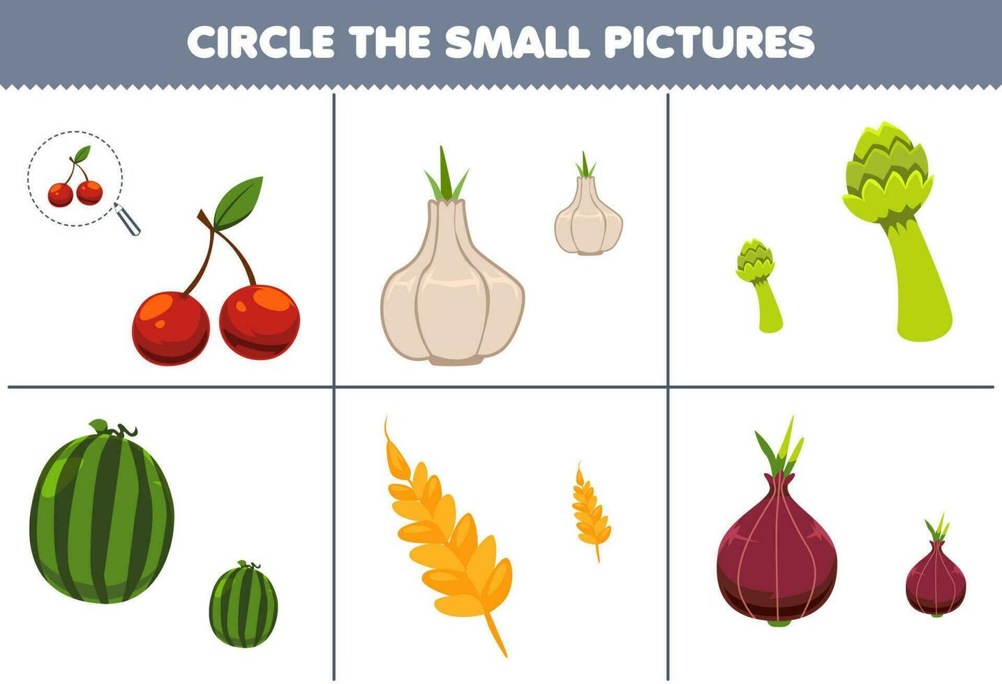 onderwijs spel voor kinderen cirkel de klein afbeelding van schattig tekenfilm kers knoflook asperges watermeloen tarwe sjalot afdrukbare werkblad vector