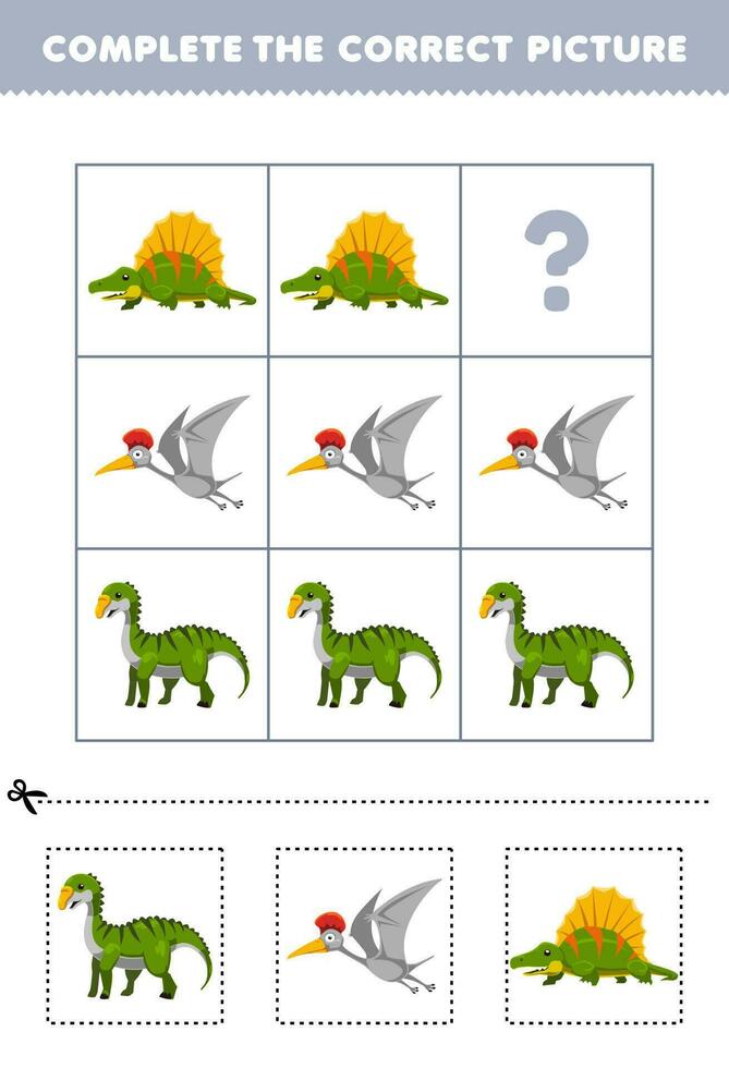 onderwijs spel voor kinderen naar Kiezen en compleet de correct afbeelding van een schattig tekenfilm groen dino of vliegend dino afdrukbare dinosaurus werkblad vector