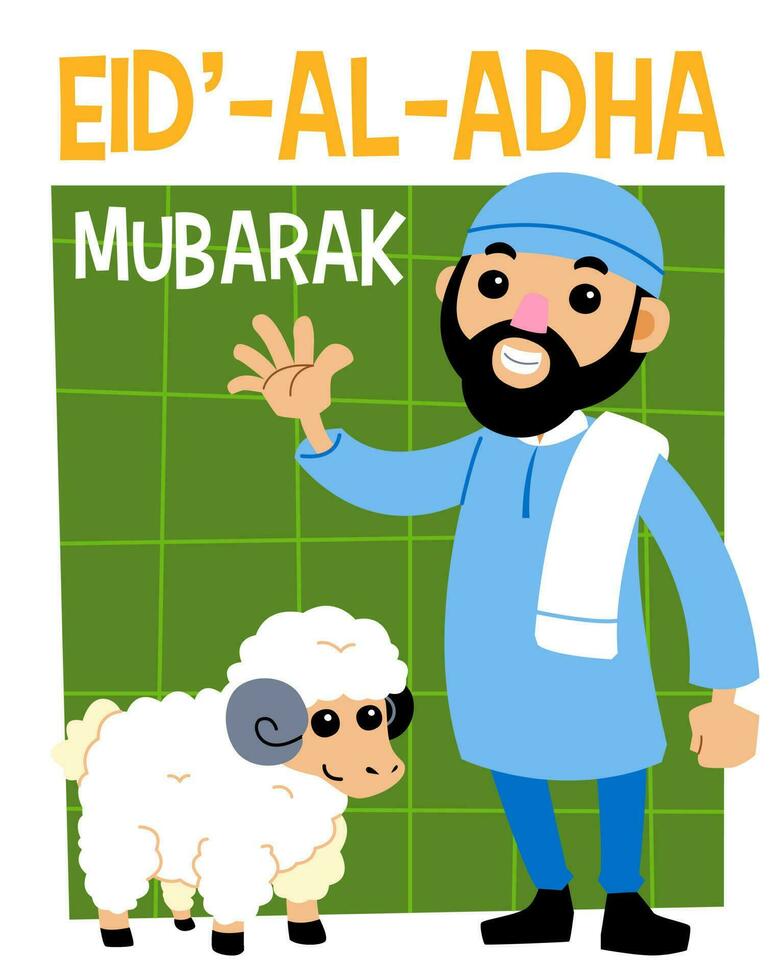 ontwerp voor eid adha mubarak met schattig tekenfilm schapen en Mens illustratie vector