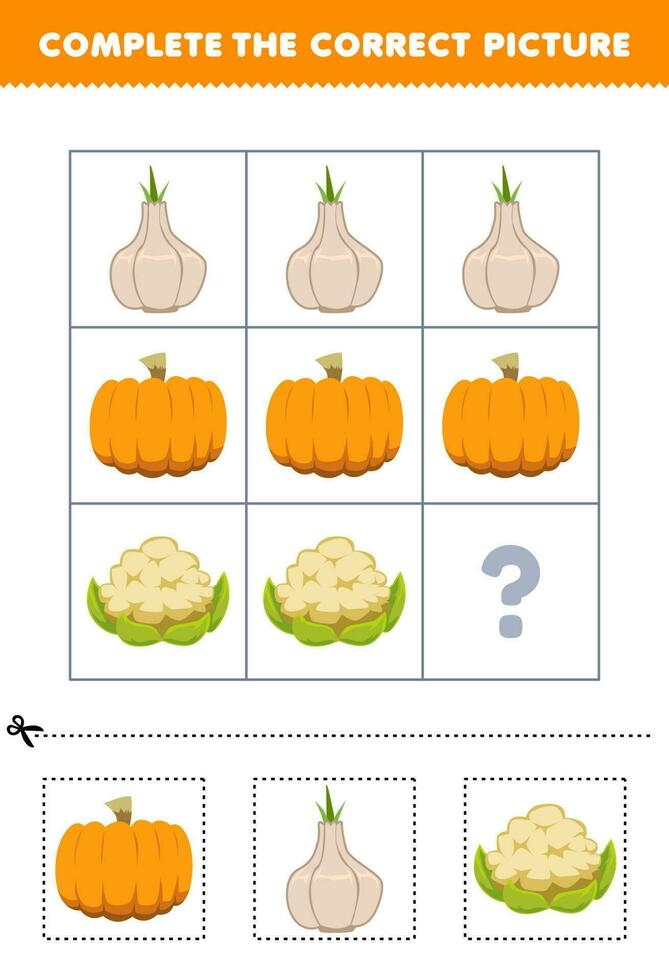 onderwijs spel voor kinderen naar Kiezen en compleet de correct afbeelding van een schattig tekenfilm pompoen ui of bloemkool afdrukbare groente werkblad vector