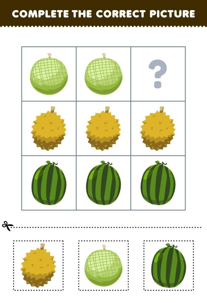 onderwijs spel voor kinderen naar Kiezen en compleet de correct afbeelding van een schattig tekenfilm durian meloen of watermeloen afdrukbare fruit werkblad vector