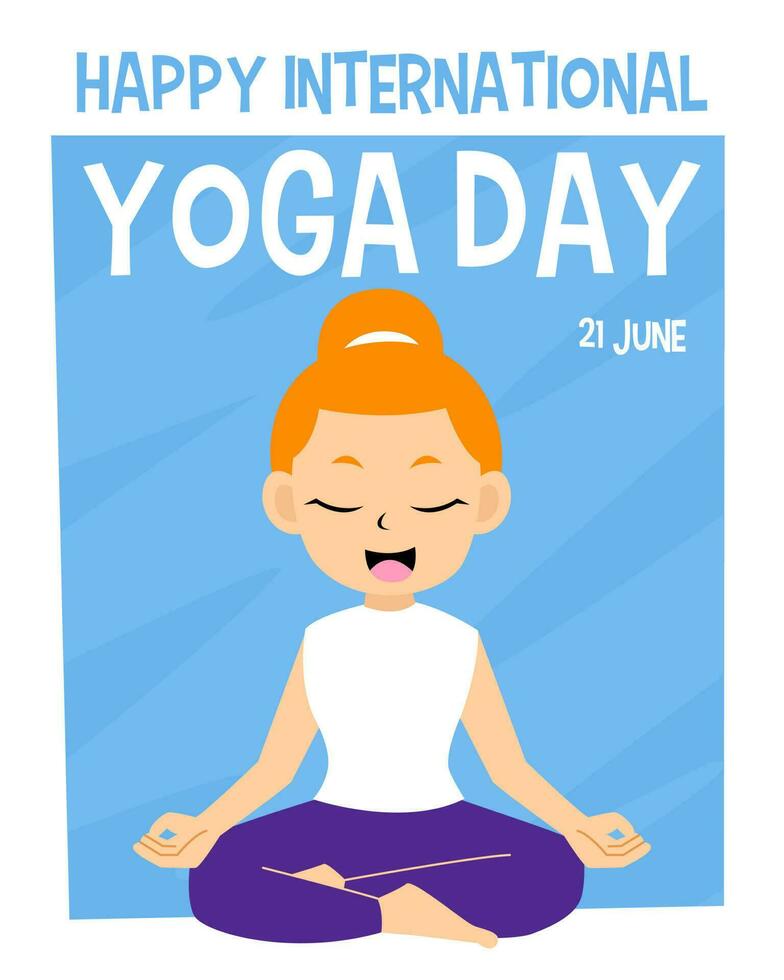 ontwerp voor Internationale yoga dag met schattig tekenfilm oranje haar- meisje mediteren illustratie vector