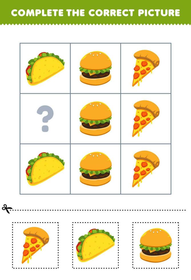 onderwijs spel voor kinderen naar Kiezen en compleet de correct afbeelding van een schattig tekenfilm pizza taco of hamburger afdrukbare voedsel werkblad vector