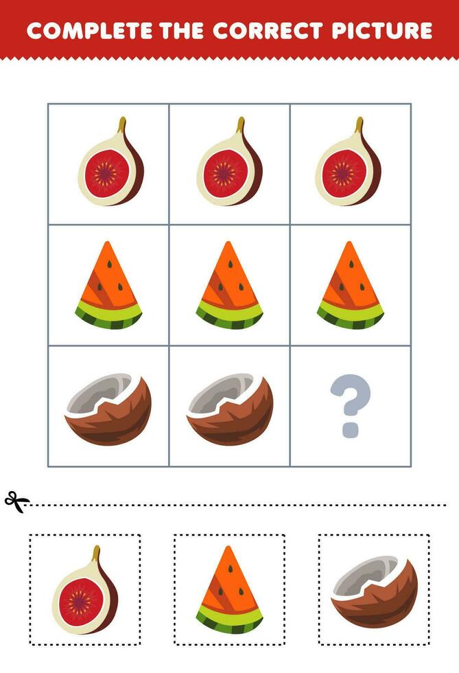 onderwijs spel voor kinderen naar Kiezen en compleet de correct afbeelding van een schattig tekenfilm fig watermeloen of kokosnoot afdrukbare fruit werkblad vector