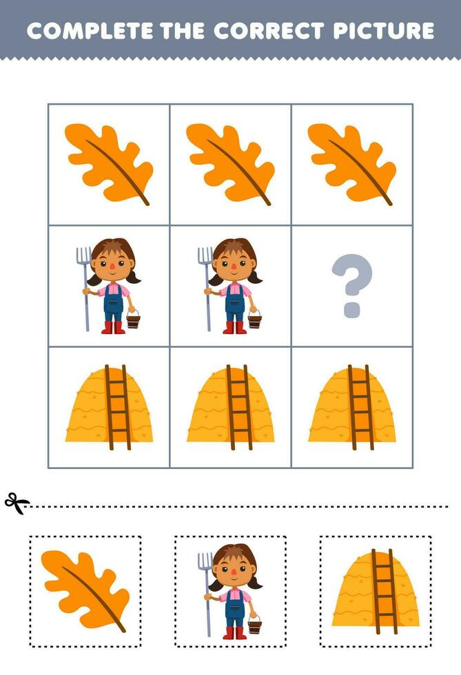 onderwijs spel voor kinderen naar Kiezen en compleet de correct afbeelding van een schattig tekenfilm vertrekken boer meisje of hooiberg afdrukbare boerderij werkblad vector