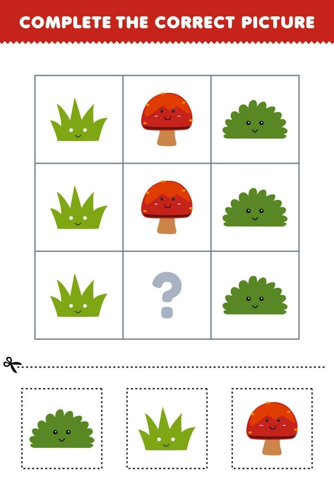 onderwijs spel voor kinderen naar Kiezen en compleet de correct afbeelding van een schattig tekenfilm gras borstel of paddestoel afdrukbare natuur werkblad vector