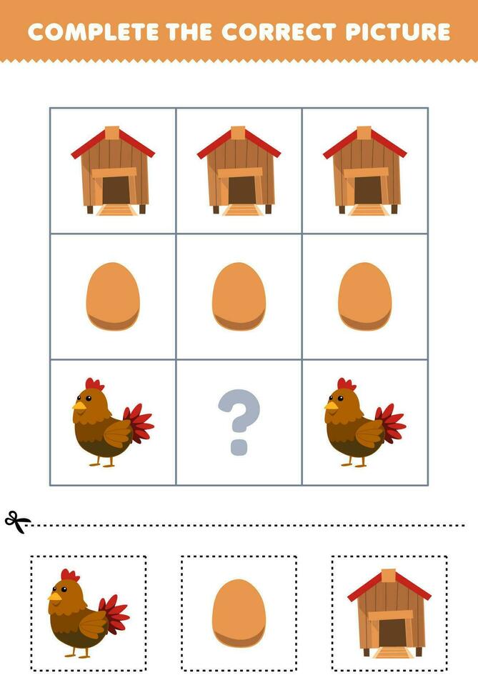 onderwijs spel voor kinderen naar Kiezen en compleet de correct afbeelding van een schattig tekenfilm kip ei of coop afdrukbare boerderij werkblad vector