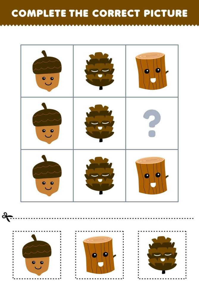 onderwijs spel voor kinderen naar Kiezen en compleet de correct afbeelding van een schattig tekenfilm dennenappel hout log of eikel- afdrukbare natuur werkblad vector