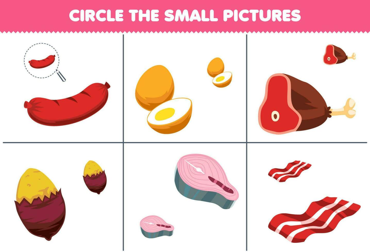 onderwijs spel voor kinderen cirkel de klein afbeelding van schattig tekenfilm worst ei vlees yam Zalm spek afdrukbare voedsel werkblad vector