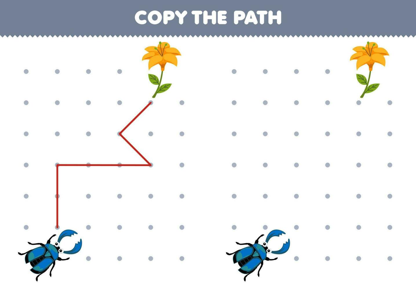 onderwijs spel voor kinderen kopiëren de pad helpen hert kever Actie naar de bloem afdrukbare kever werkblad vector