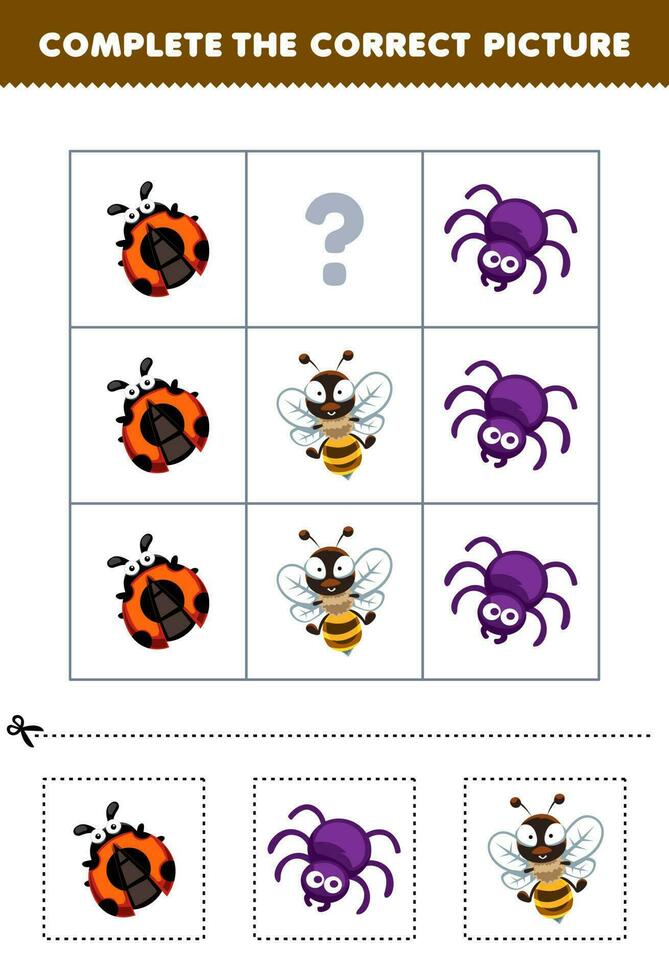 onderwijs spel voor kinderen naar Kiezen en compleet de correct afbeelding van een schattig tekenfilm lieveheersbeestje spin of bij afdrukbare dier werkblad vector