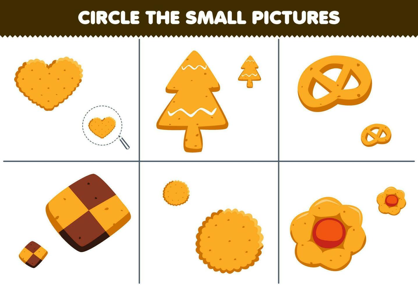 onderwijs spel voor kinderen cirkel de klein afbeelding van schattig tekenfilm koekjes afdrukbare voedsel werkblad vector