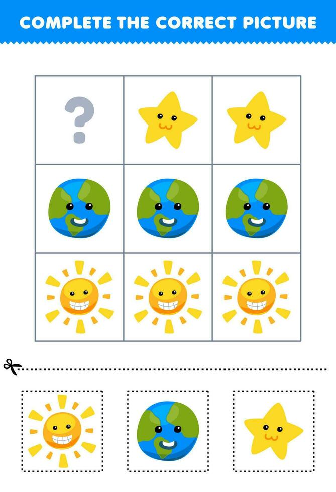 onderwijs spel voor kinderen naar Kiezen en compleet de correct afbeelding van een schattig tekenfilm zon aarde of ster afdrukbare natuur werkblad vector
