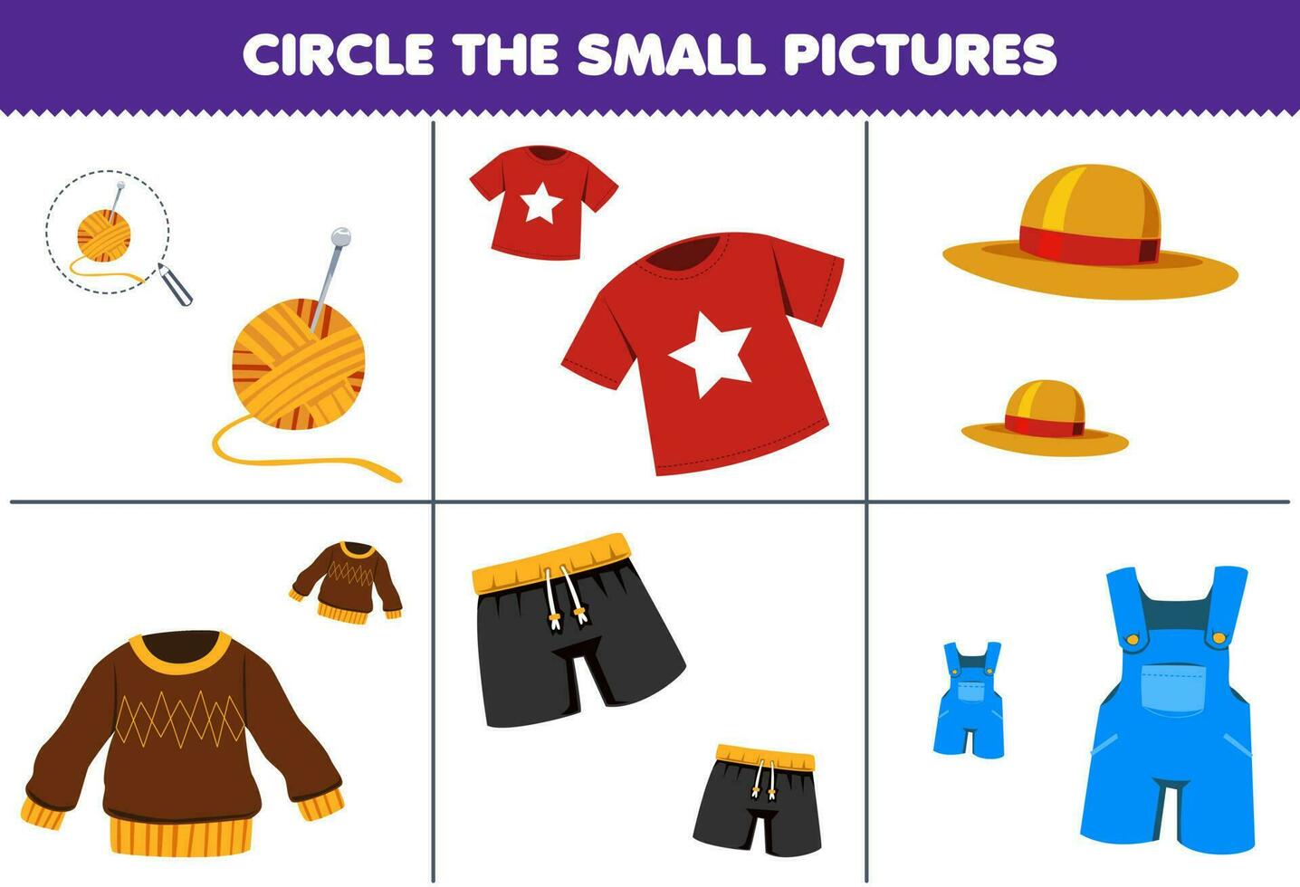 onderwijs spel voor kinderen Kiezen de klein afbeelding van schattig tekenfilm wol t overhemd hoed trui hijgen afdrukbare draagbaar werkblad vector