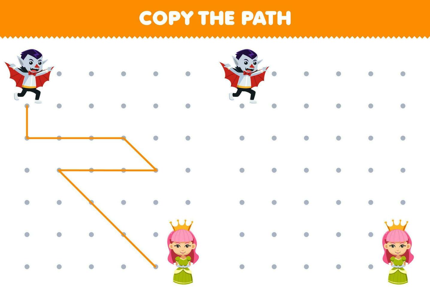 onderwijs spel voor kinderen kopiëren de pad helpen dracula Actie naar de prinses afdrukbare halloween werkblad vector