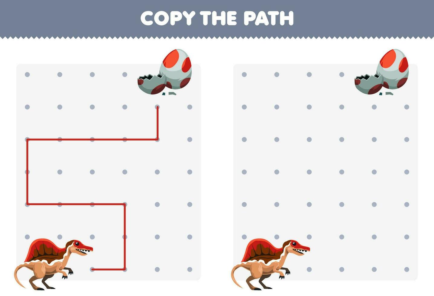 onderwijs spel voor kinderen kopiëren de pad helpen spinosaurus Actie naar de ei afdrukbare prehistorisch dinosaurus werkblad vector