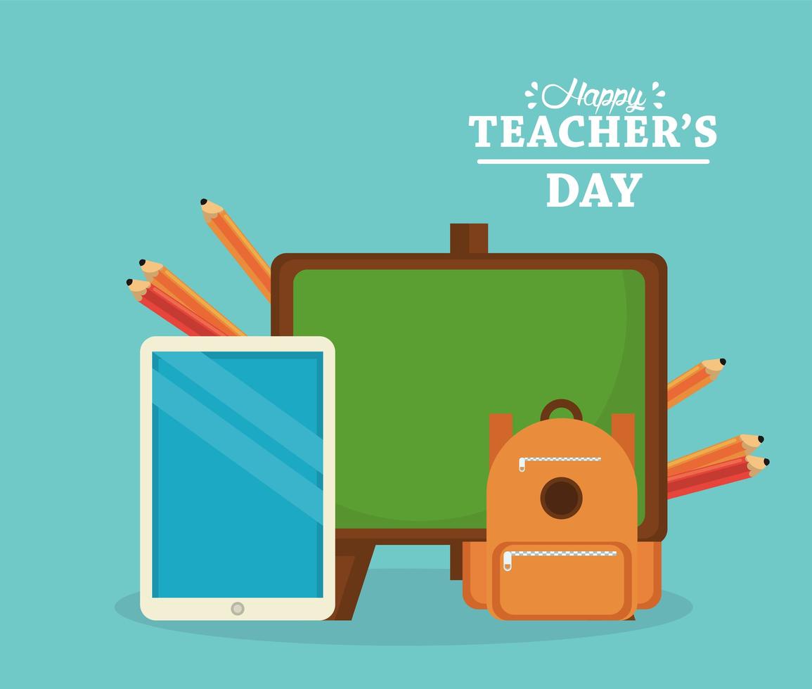 gelukkige lerarendagkaart met schoolbord en tablet e-learning vector