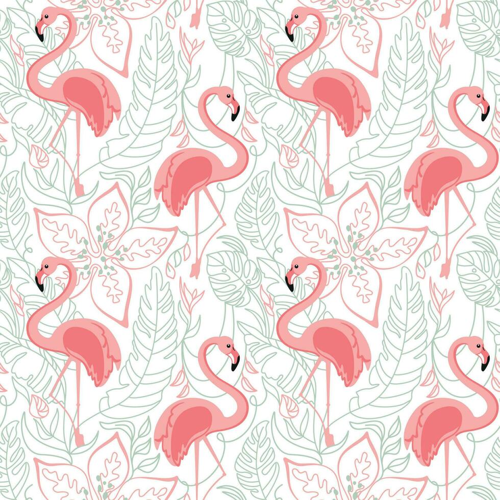 flamingo's en exotisch planten. zomer afdrukken. naadloos patroon. vector