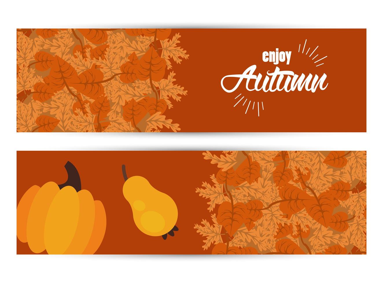 geniet van herfstbelettering met banners met bladeren en droog fruit vector