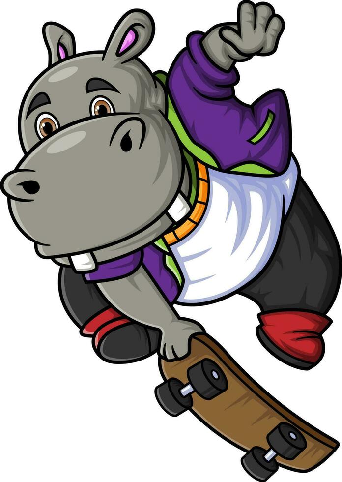 gelukkig schattig nijlpaard Speel skateboard vector