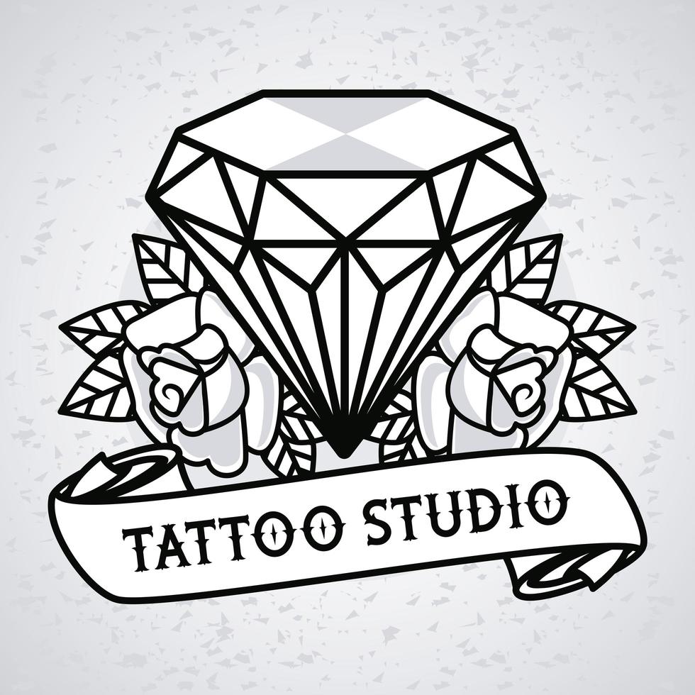 luxe diamant met rozen bloemen tattoo studio graphic vector