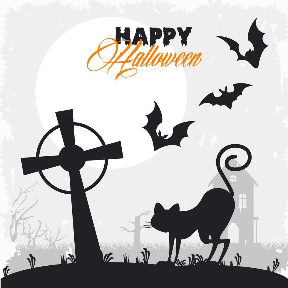 gelukkige halloween-vieringskaart met vliegende vleermuizen en kat op begraafplaats vector