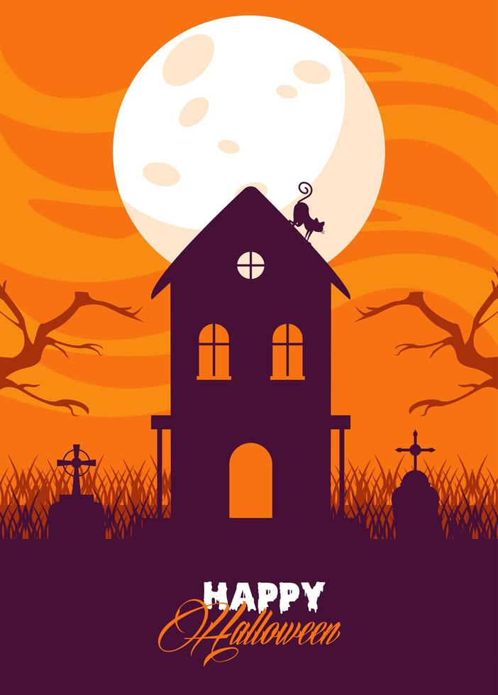 gelukkige halloween-vieringskaart met spookhuis en kat vector