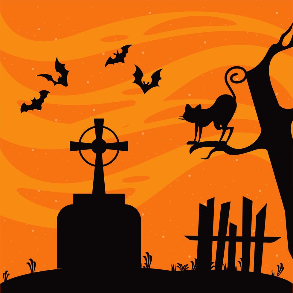 gelukkige halloween-vieringskaart met vliegende vleermuizen en kat in begraafplaatsscène vector