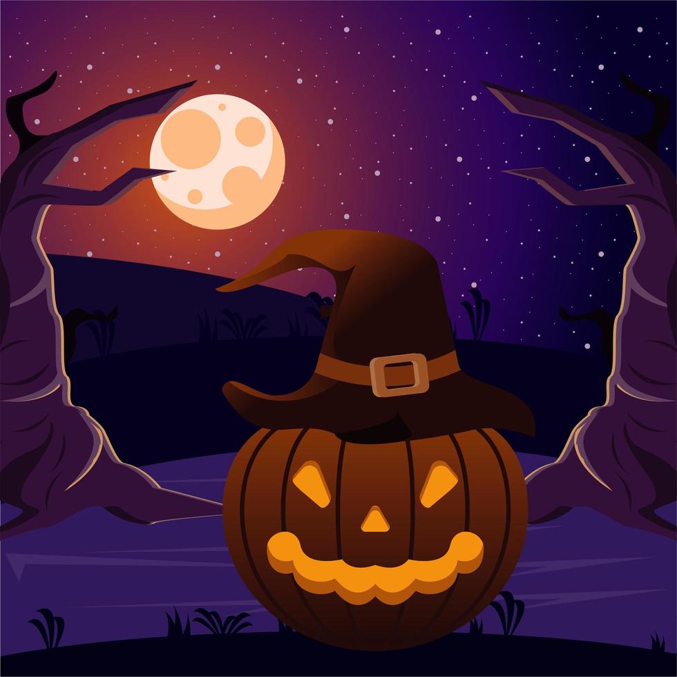 gelukkige halloween-vieringskaart met pompoen en heksenhoedscène vector