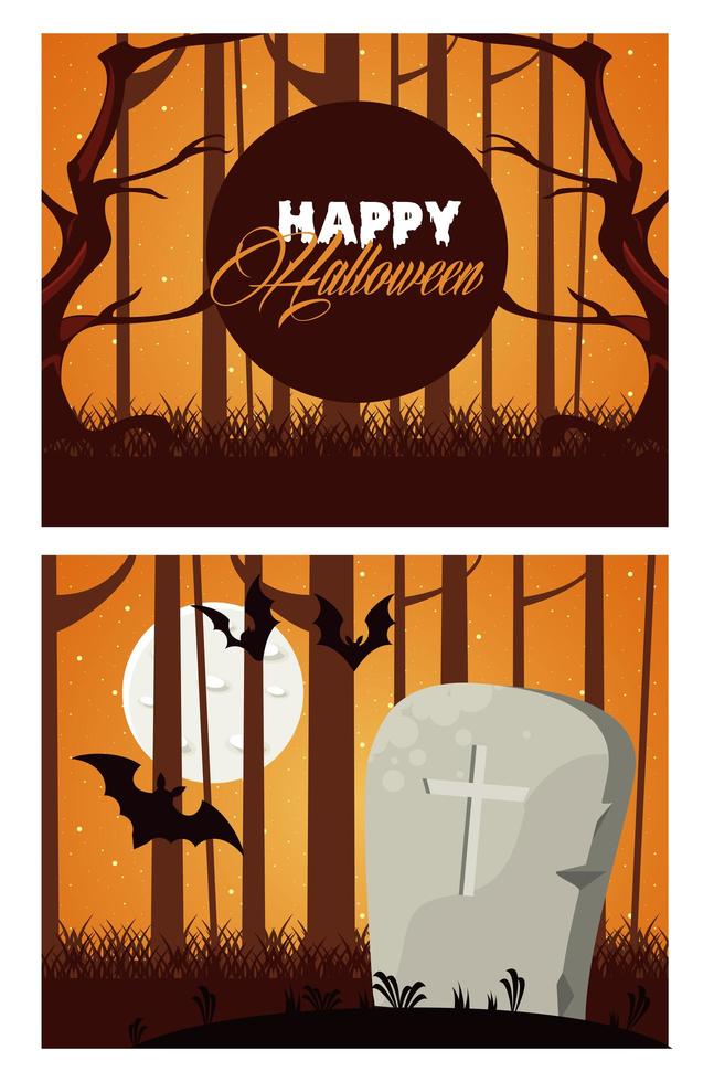 gelukkige halloween-vieringskaart met het graf en het vliegen van vleermuizen vector