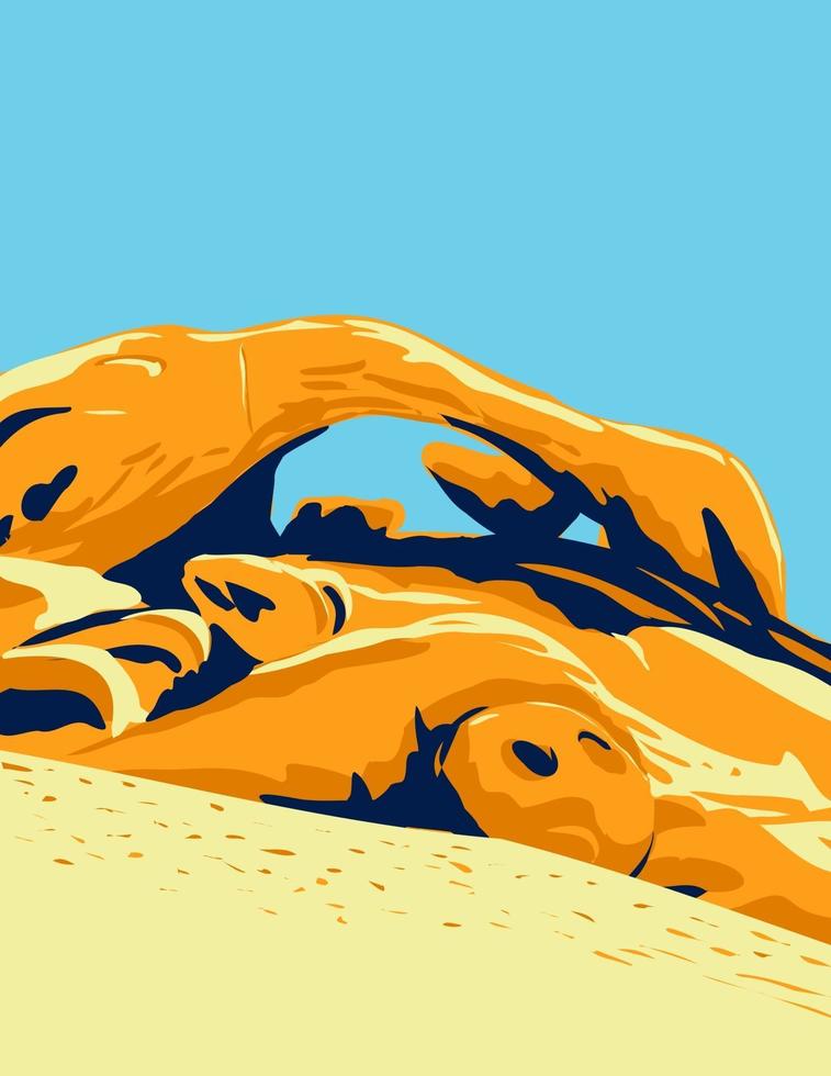 granieten boog bekend als boogrots die zich uitstrekt over een keienveld in het Joshua Tree National Park in Californië WPA-affichekunst vector