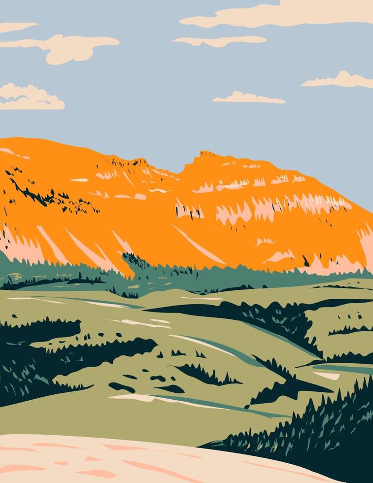 de slapende indiaan op schapenberg in de wildernis van gros ventre van bridger teton national forest in de buurt van jackson wyoming wpa poster art vector