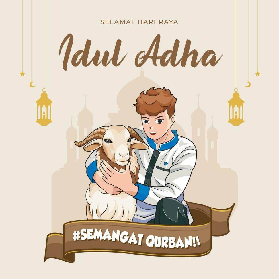 gelukkig eid al adha. vlak eid al-adha illustratie met persoon en schapen vector illustratie vrij downloaden