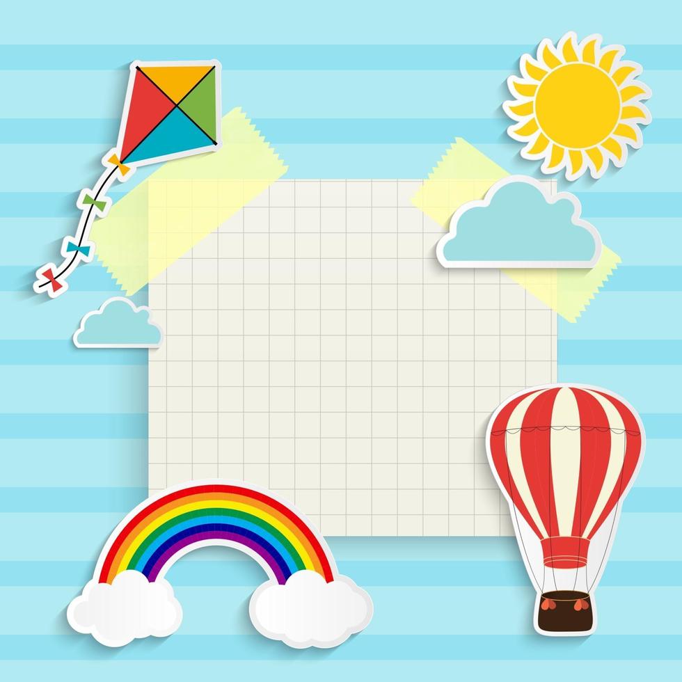 kind achtergrond met regenboog zon wolk vlieger en ballon vector