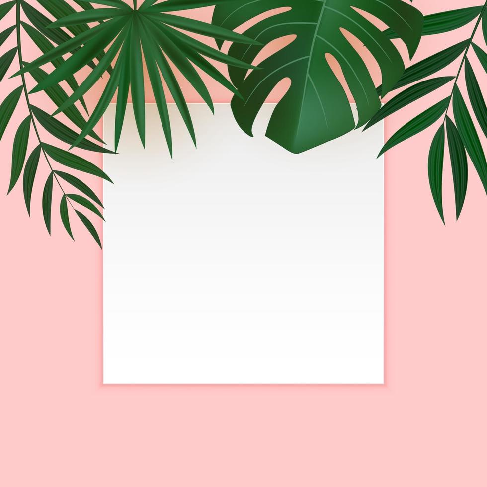 natuurlijke realistische groene en gouden palmblad tropische achtergrond met leeg wit frame vector