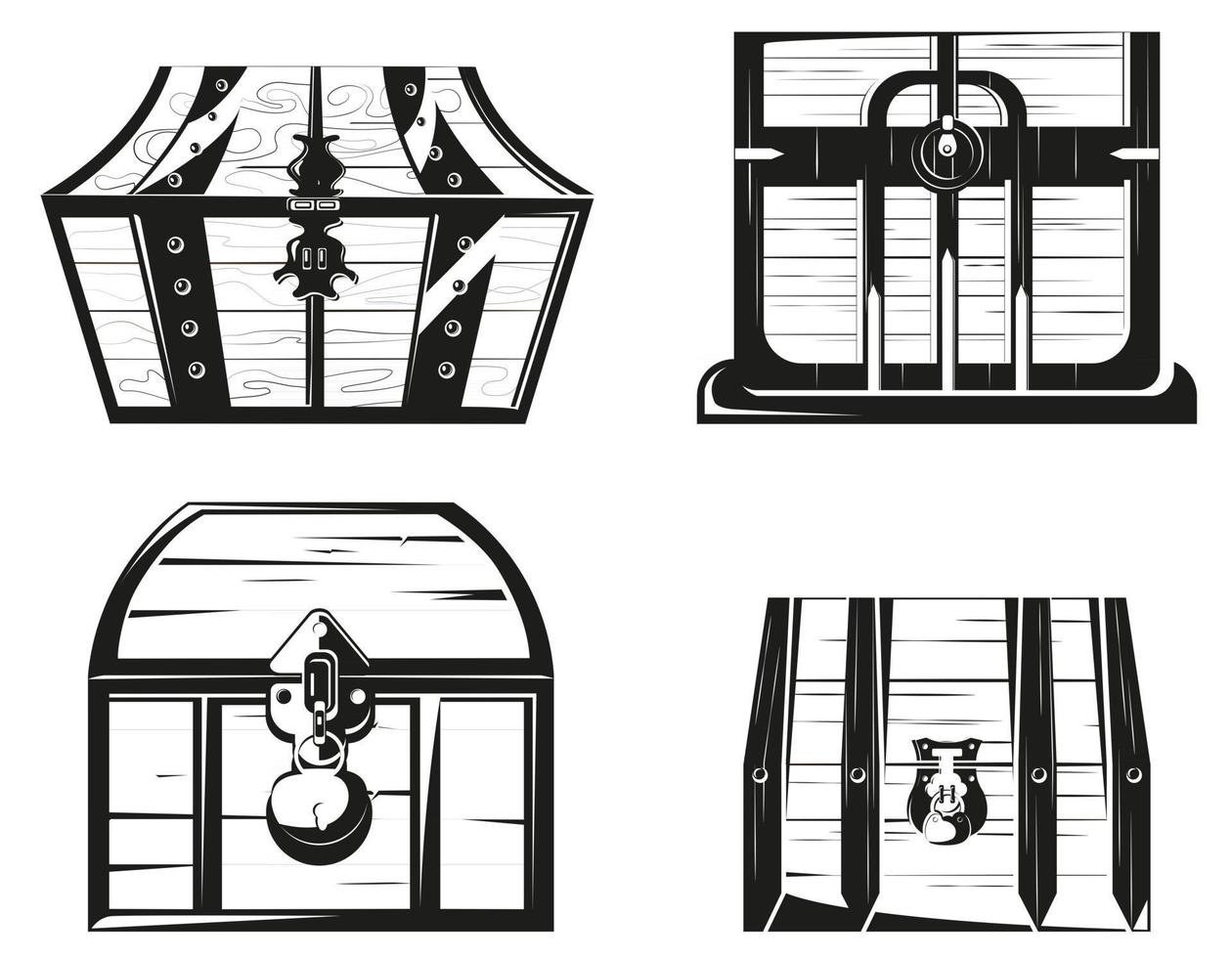 set houten kisten in zwart-wit stijl vector