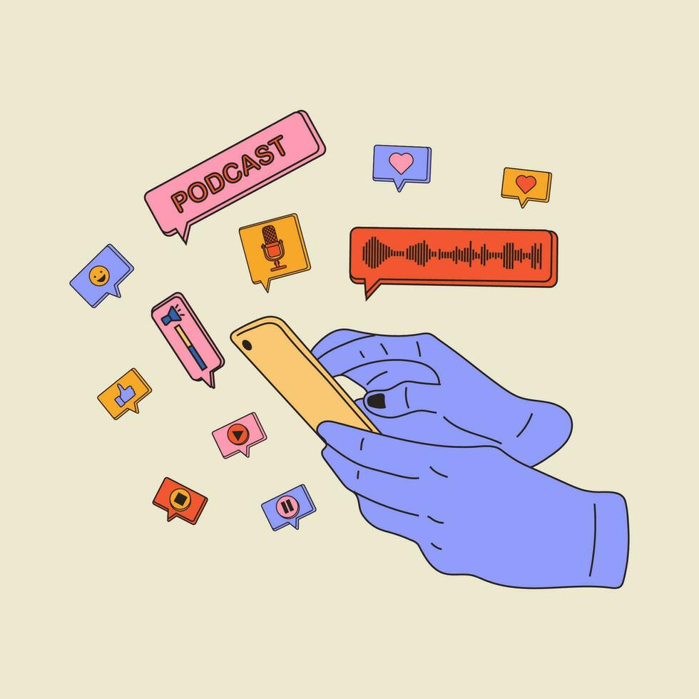 hand- Holding telefoon met podcast Aan scherm en decoratief ontwerp elementen. communicatie, sociaal netwerken concept. vector illustratie in vlak stijl