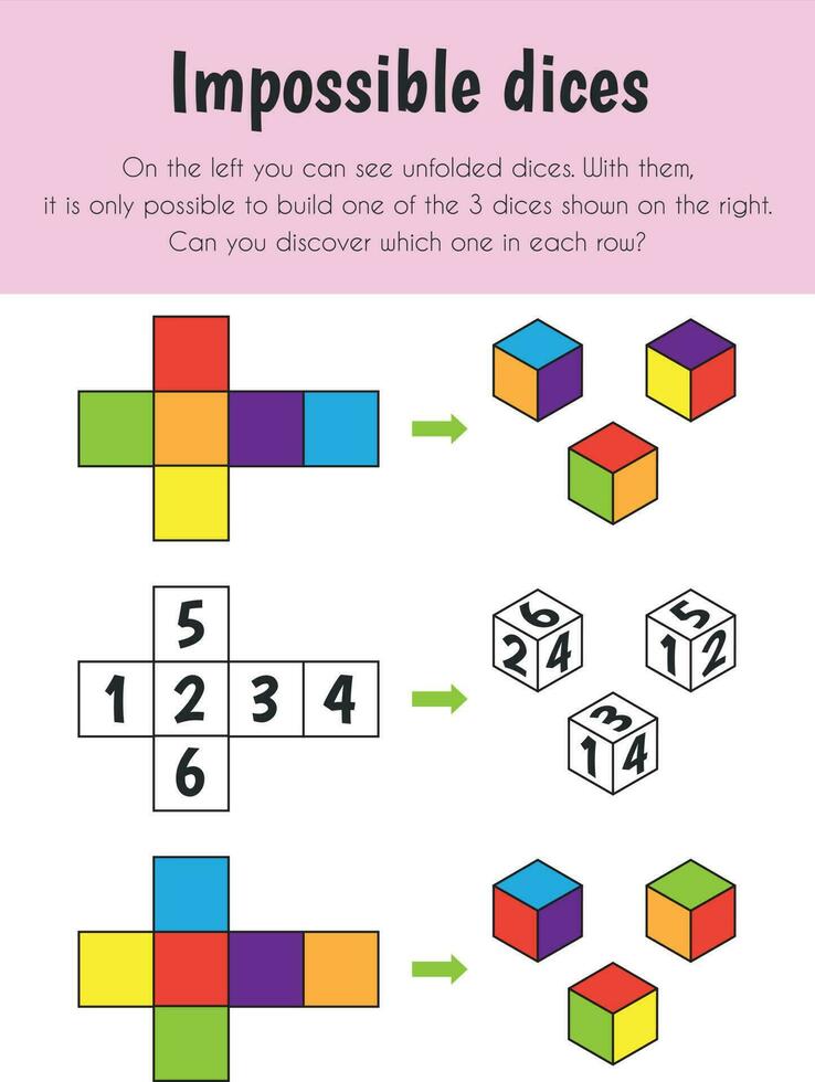 onmogelijk dobbelstenen leerzaam vel. primair module voor logica redenering. 5-6 jaren oud. leerzaam lakens serie vector